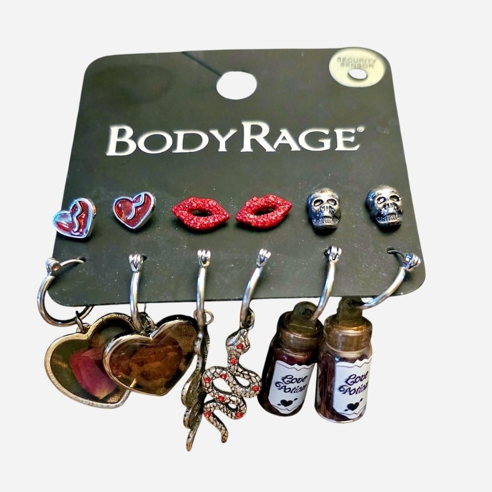BodyRage Set of 6 Earrings, Silver & Red, Snakes, Skulls, Hearts, Potion, Lips